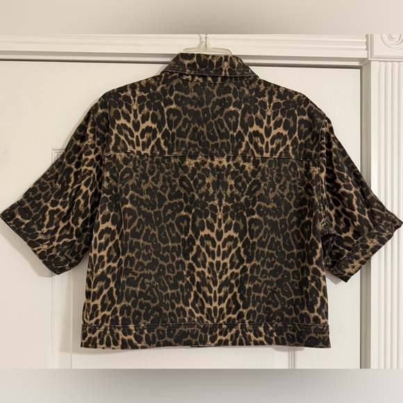 Steve Madden Leopard-Print Jean Jacket Brown and Black Short Sleeve Button Up L - Picture 3 of 10